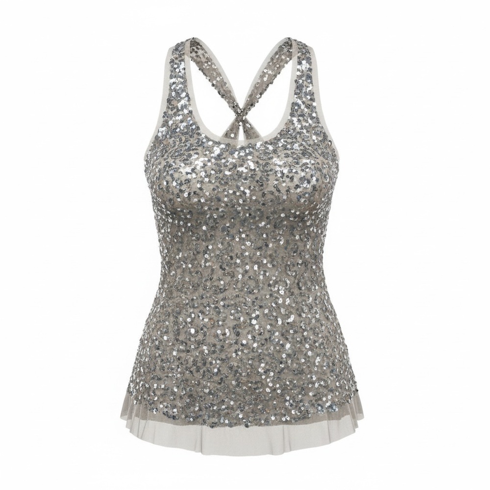 Silver Sequin Tank Top with Crisscross Back